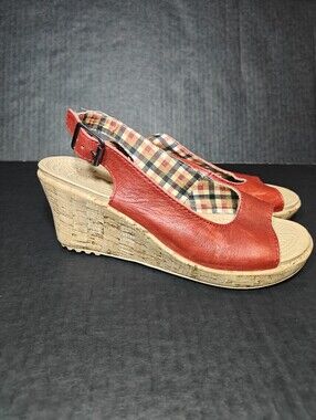 CROCS A-Leigh Red Leather Slingback Cork Wedge Comfort Women's Sandal Size 7